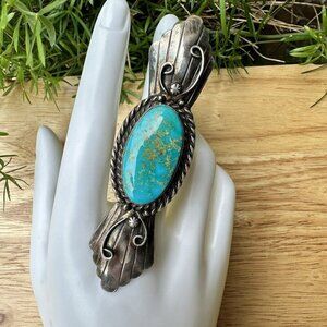 VTG Navajo Betty Lee Ring 3.5" L Sterling Silver Turquoise Cab Sz 8 Signed 24.7g